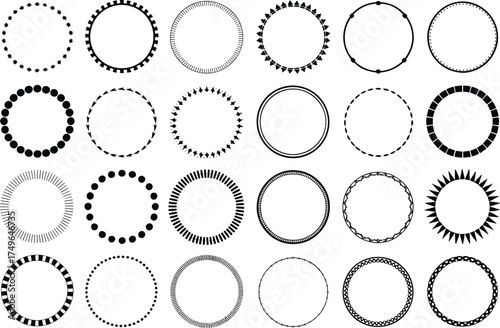 collection of decorative circular frames, geometric round border designs, black and white circle patterns, abstract outline rings, modern vector illustration