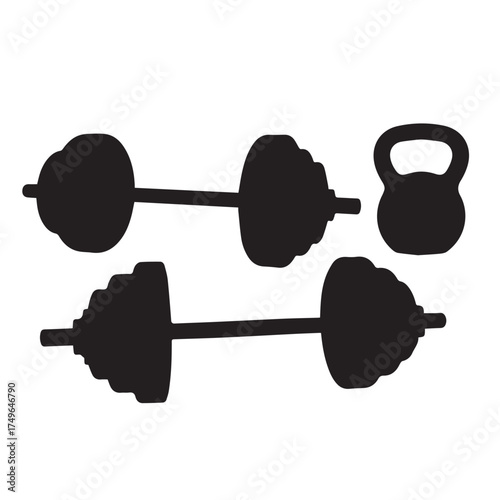Collection of black silhouette weightlifting equipment including barbells and a kettlebell on white background