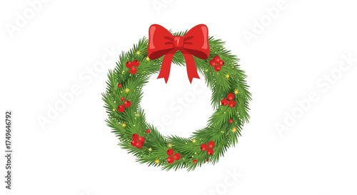 Classic Christmas wreath illustration featuring lush green pine branches, a vibrant red bow, and scattered berries, perfect for festive holiday season designs