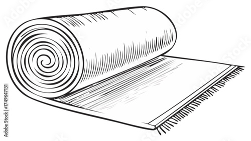 Rolled rug or mat, partially unrolled, with fringe edge illustration