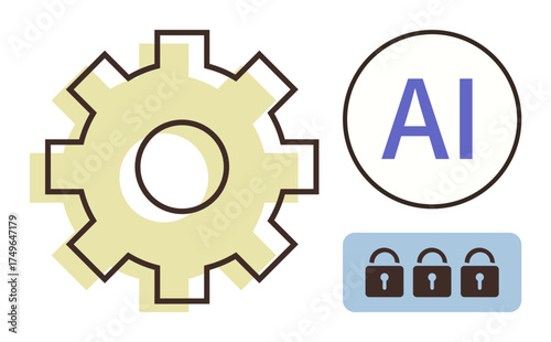 Gear beside AI text and three locked padlocks emphasize secure systems, artificial intelligence, innovation, and technology. Ideal for themes thumbs up automation, security, machine learning, data