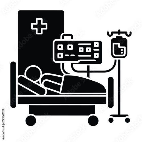 Patient in hospital bed with medical equipment IV drip