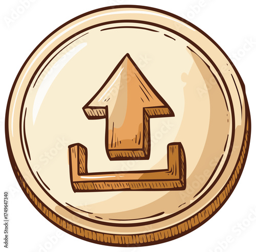 Hand drawn illustration of a golden coin with an upload arrow icon