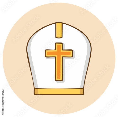 Cartoon Illustration of a White Mitre with Golden Cross Symbol for Religious Usage, Catholic Faith