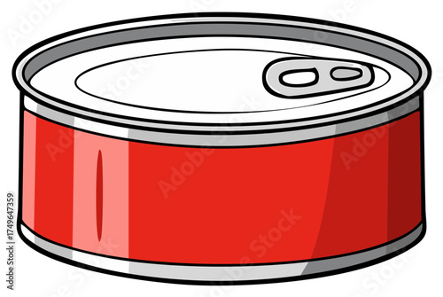 Illustration of sealed metal can with red label and ring pull for food or preserves storage