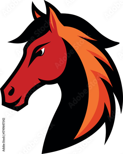 Red Stylized Horse Head with Flame-Like Mane for Sports Logo and Emblem Design