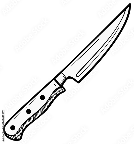 Stylized illustration of a sharp paring knife with black handle and black outline for cooking and culinary purposes