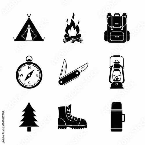 A comprehensive collection of black silhouette icons representing essential gear and activities for camping, hiking, and outdoor adventures, perfect for travel and nature themes.