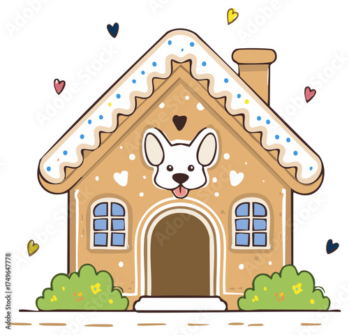 Gingerbread Dog House with Hearts and Bushes Whimsical Sweet Home Illustration