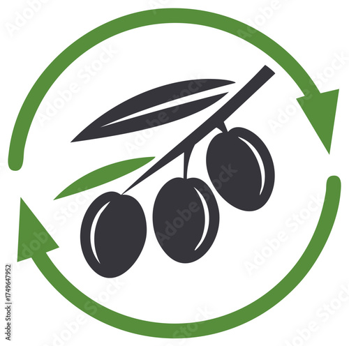 Olive Branch Circle Arrow Symbol Illustration For Packaging Or Ecological Olive Oil. Eco Friendly Product Logo