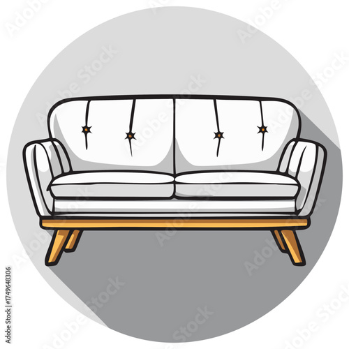 Stylish White Tufted Sofa with Wooden Legs Vector Illustration