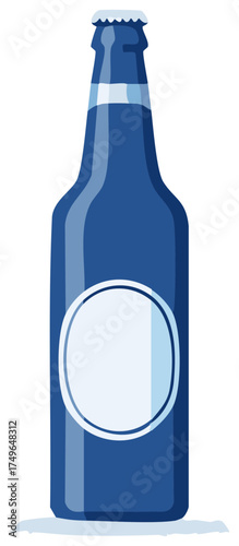 Stylized illustration of a capped blue glass bottle with a blank circular label