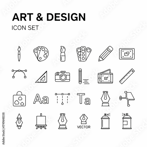 Line Art & Design Icon Set: Creative Tools for Graphic Design, Illustration, and Digital Art - Vector Collection of Artistic Equipment and Supplies
