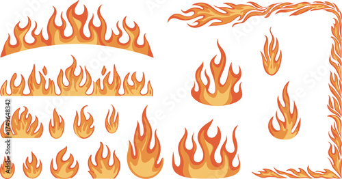 flame vector collection, stylized fire icons set, burning flame design, orange and yellow fire illustration, abstract heat elements