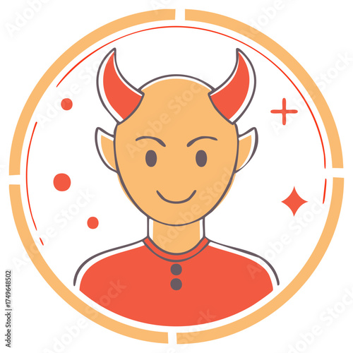 Cartoon devil character face with horns and smiling expression inside a circular frame