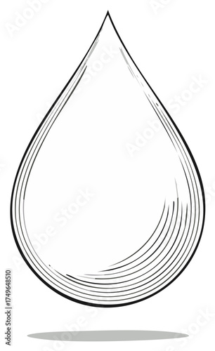 Hand drawn ink illustration of a single water drop with hatching detail