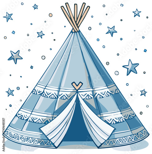 Illustrated Blue Teepee Tent with Starry Details for Festive Decor Design