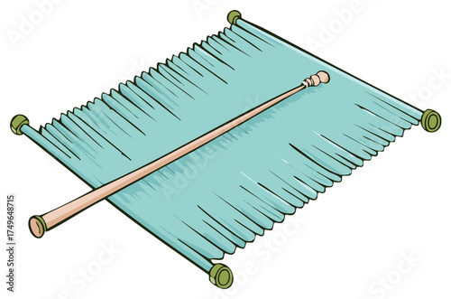 Cartoon style aqua blue green rolled mat with wooden stick and traditional details