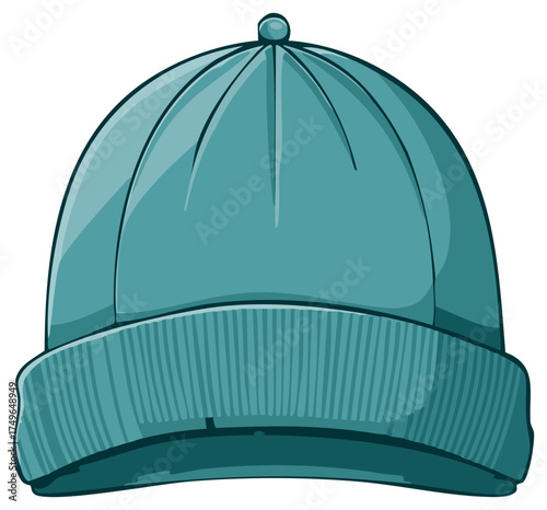 Teal blue knitted winter beanie cap with a folded cuff vector illustration