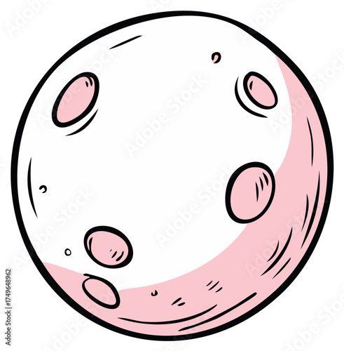 Whimsical cartoon illustration of a moon or planet with visible craters and pink shading