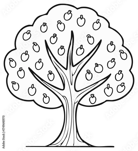 Black and white outline drawing of an apple tree laden with many fruits perfect for children