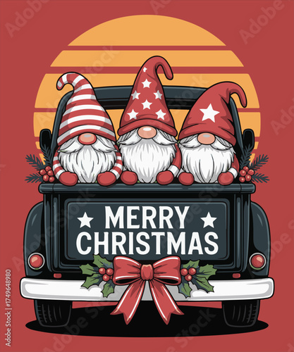 Merry Christmas Gnomes in Vintage Truck Vector Illustration – Holiday Winter Season T-Shirt and Greeting Design