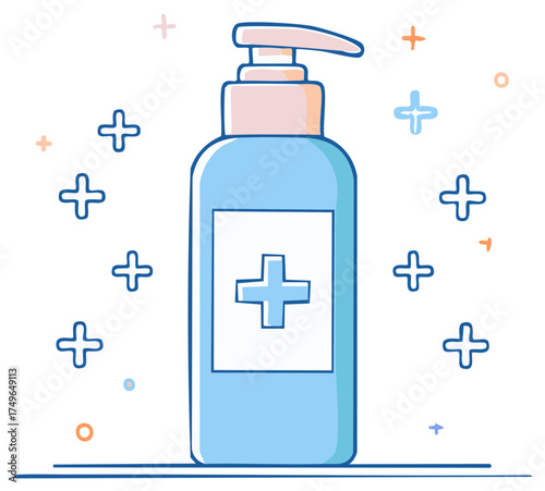 Doodle style hand sanitizer bottle with medical cross symbol promoting hygiene and protection