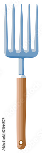 Garden tool with wooden handle and blue tines isolated on white