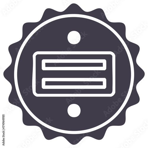 Minimalist round badge icon with wavy scalloped border, inner rectangle, two lines, and decorative dots