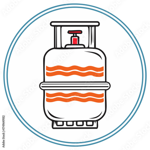 Illustrated LPG gas cylinder with orange fluid waves in a simple round icon design