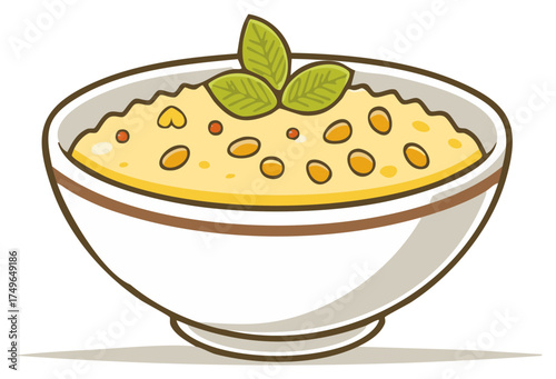 Bowl of creamy grain porridge with seeds and fresh herbs food art illustration