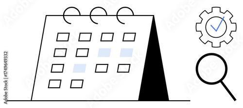 Desk calendar with highlighted dates, gear with checkmark symbolizing efficiency, and magnifying glass for search. Ideal for time management, productivity, planning, analysis, organization