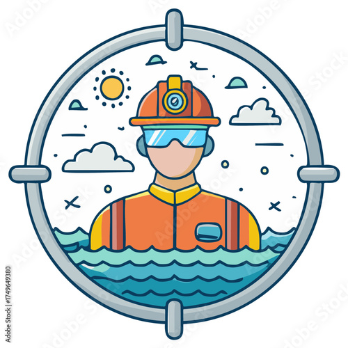 Illustrative graphic of a rescuer with gear in the water, surrounded by a targeting reticle.