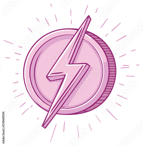 Hand Drawn Pink Energy Coin with Lightning Bolt Symbol Illustration