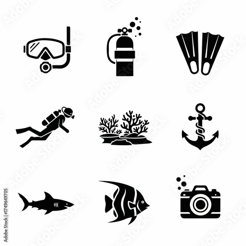 Scuba Diving and Marine Life Icons Set: Underwater Exploration Gear, Coral Reef, and Sea Creatures Silhouettes.