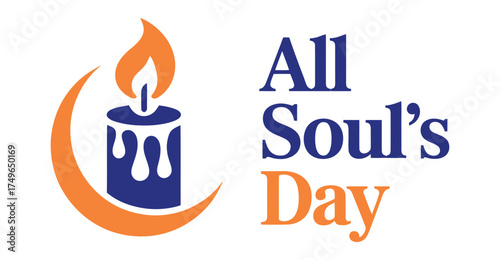 All Soul’s Day graphic with blue candle, orange flame, and crescent shape, symbolic design for remembrance, prayer, and spiritual themes