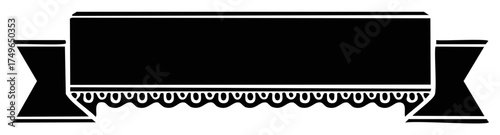 Elegant black ribbon banner with delicate scallop trim for a formal invitation announcement, graphic design element, advertisement label