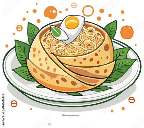 Illustration of delicious ramen with egg and green leaves on a plate
