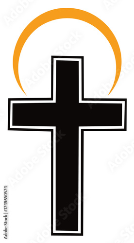 Black cross symbol with an orange arc above, representing religious faith and spirituality.