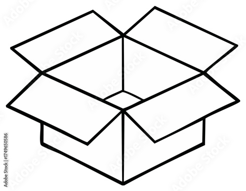 Open cardboard box in geometric line art style isolated on white background