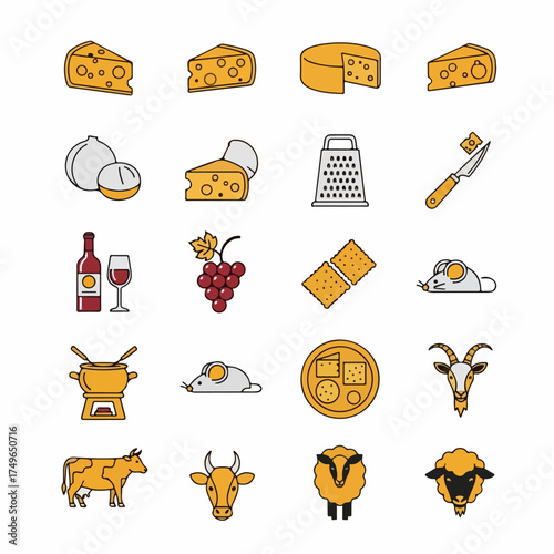 Cheese and Dairy Icons Set: Varieties of cheese, grater, knife, fondue, wine, grapes, crackers, plus farm animals like cows, goats, and sheep.