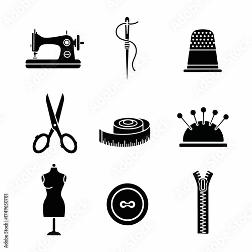 Essential Sewing and Tailoring Tools Icons: A Collection of Silhouettes for Fashion, Craft, and Textile Design Projects
