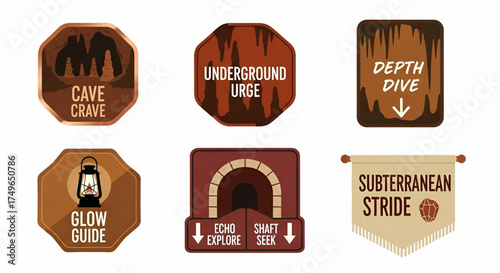Cave exploration badges, vector graphics underground adventure designs