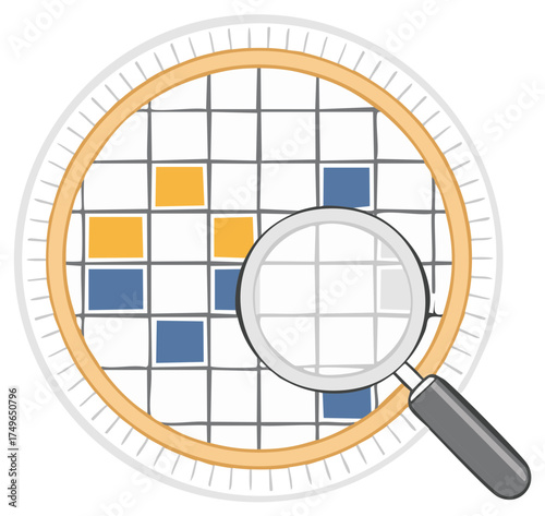 Search grid cells concept with magnifier, focus on finding right square data, finding specific location