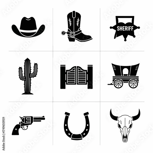 Wild West and Cowboy Culture Icons Set in Black and White