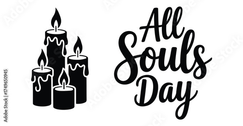 all souls day icon with black and white candles and text, symbolic graphic for remembrance, prayer, and honoring departed loved ones
