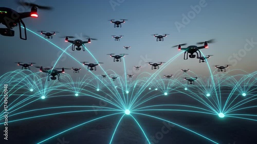Swarm of drones flying in formation with glowing network connections at dusk 4k video drone swarm drone network