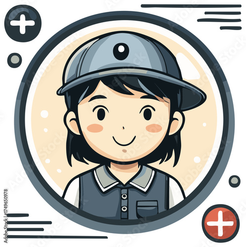 Smiling cartoon character with a cap within a rounded frame and additional design elements.