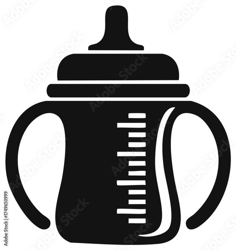 Baby feeding bottle with measurement markings and handles silhouette