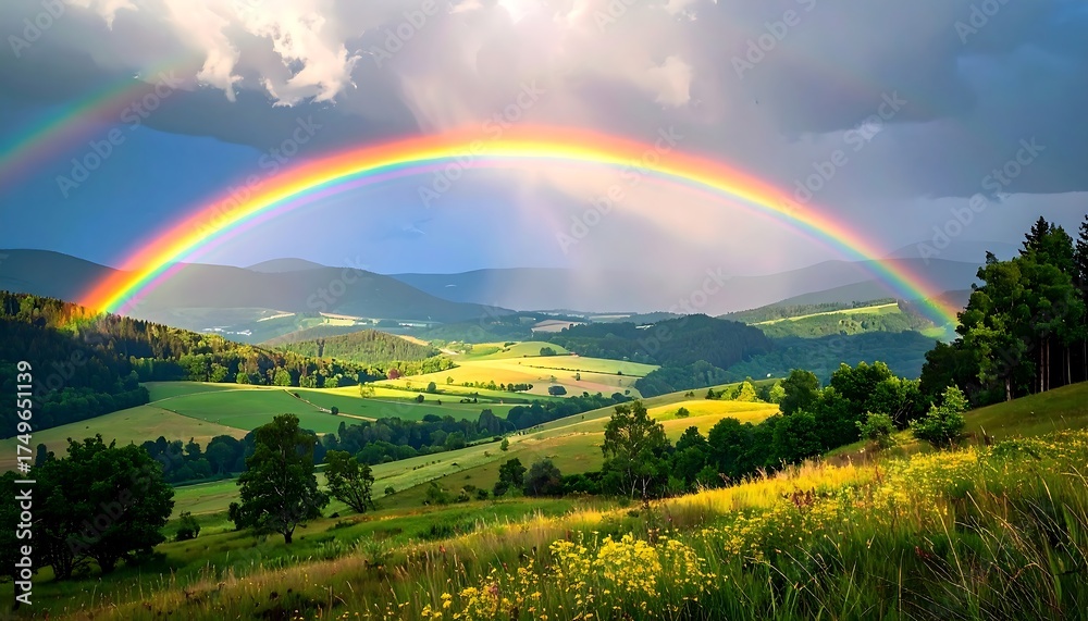 Obraz premium Rainbow Over a Lush Valley Landscape.